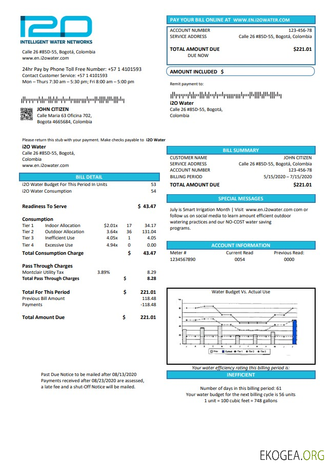 Colombia i2O Water utility bill